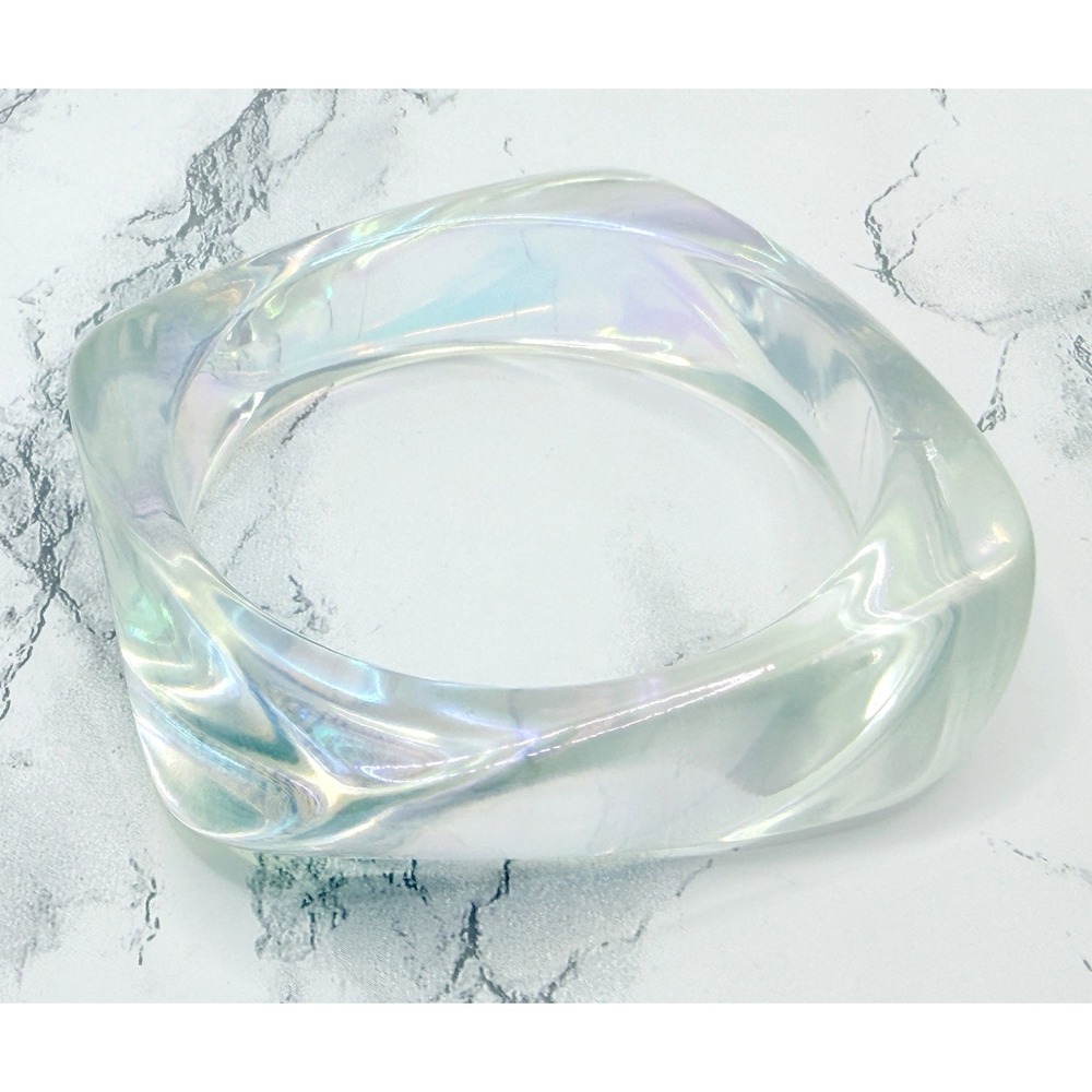 Clear Iridescent Lucite Bangle Bracelet Chunky Sculptural Statement 8.25"